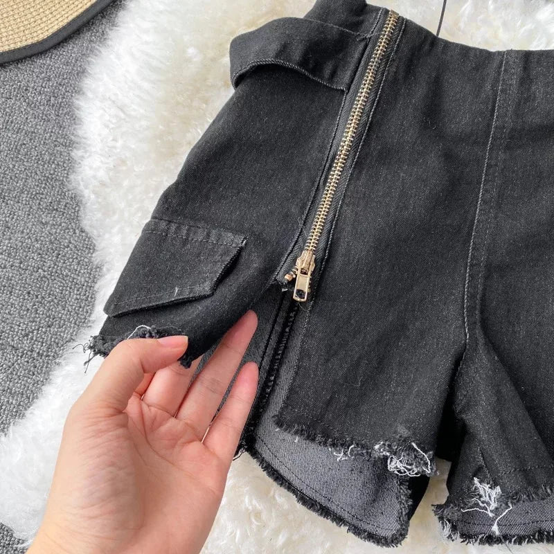 Two Piece Set Denim  Short Strapless Bra Top Retro Denim Shorts Periwinkley Shop