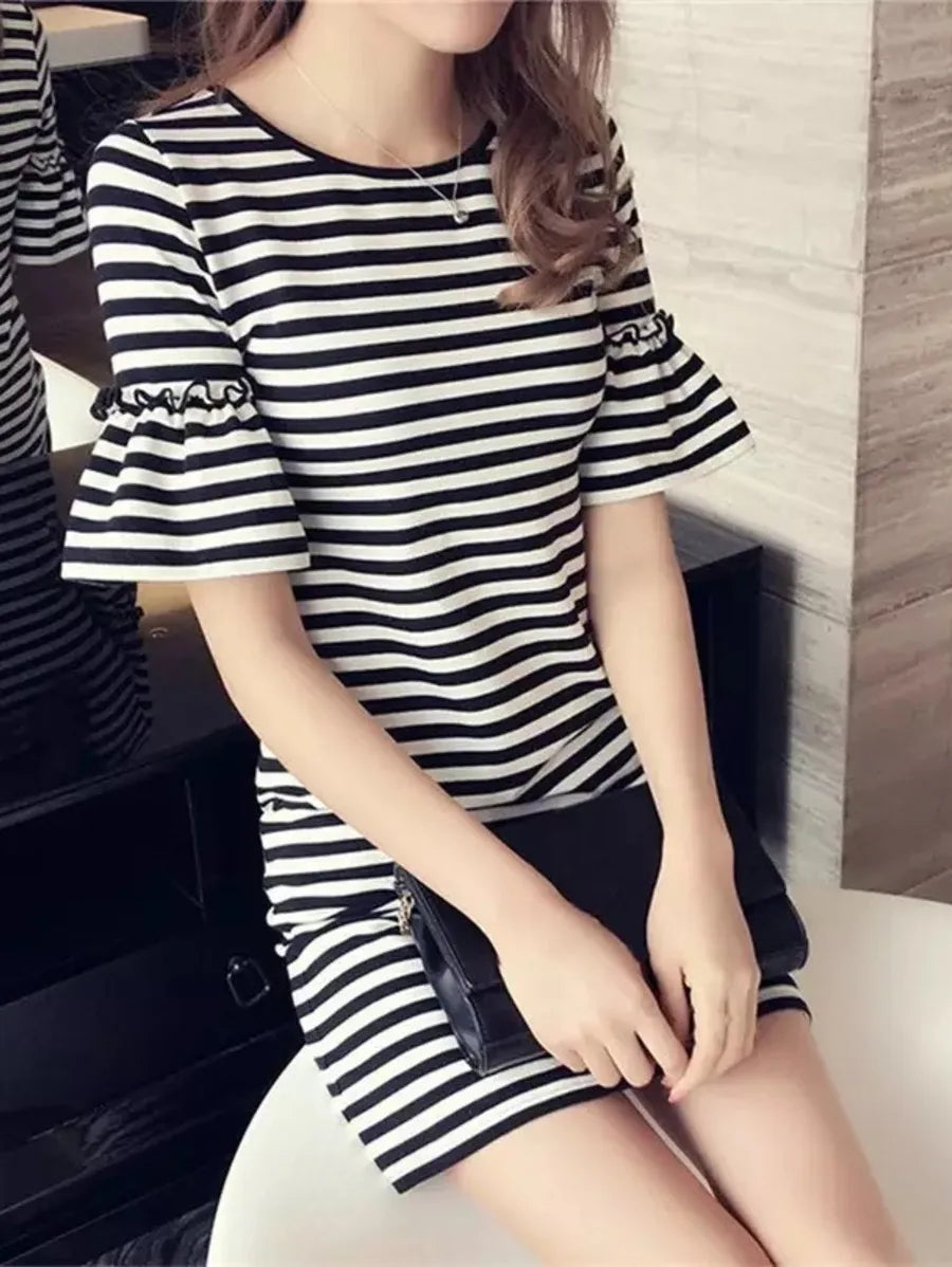 Striped short  ruffled sleeve dress Periwinkley Shop