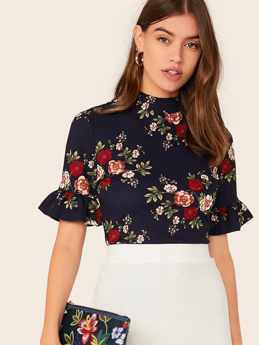 Mock-Neck Ruffle Cuff Floral Print Top Periwinkley Shop