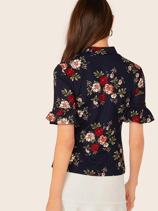 Mock-Neck Ruffle Cuff Floral Print Top Periwinkley Shop