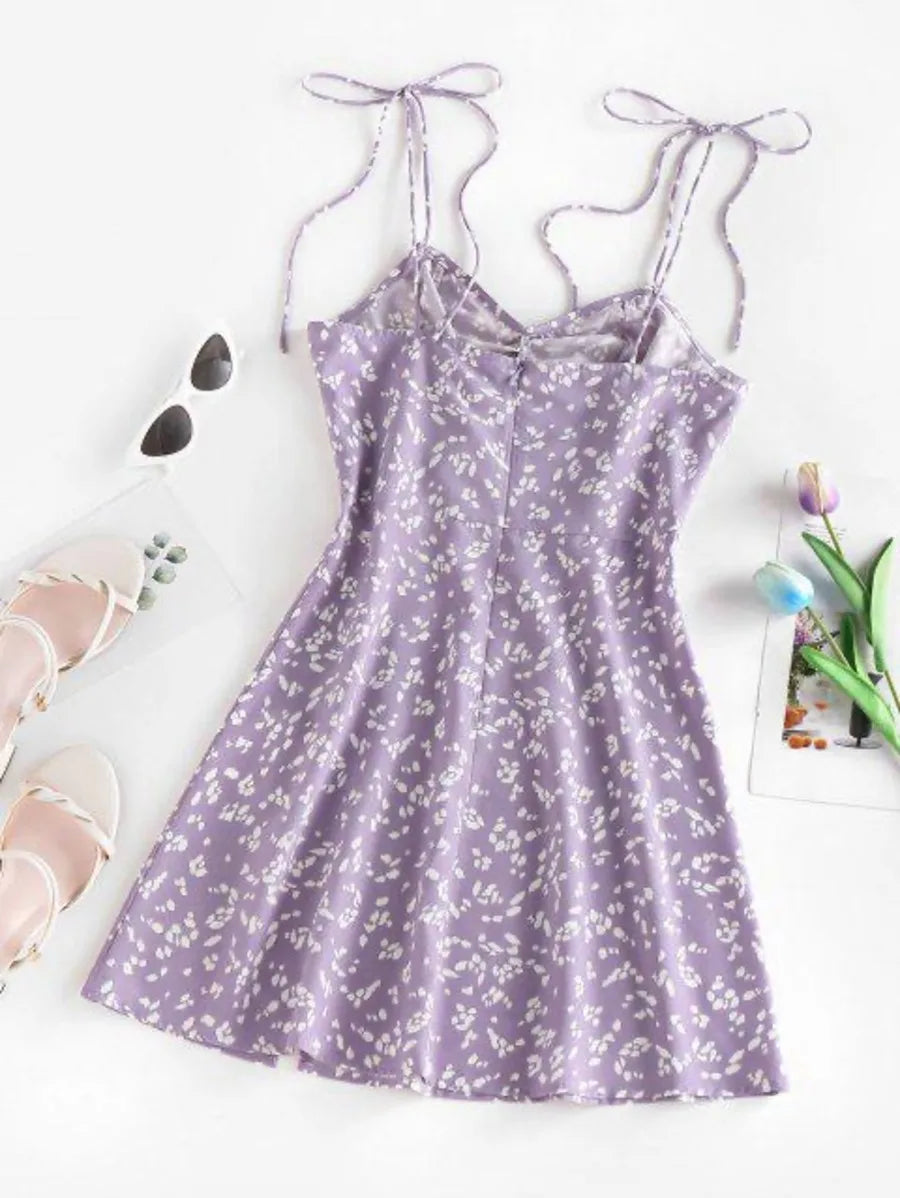 Ditsy Print Tied Shoulder Cami Slit Dress Periwinkley Shop