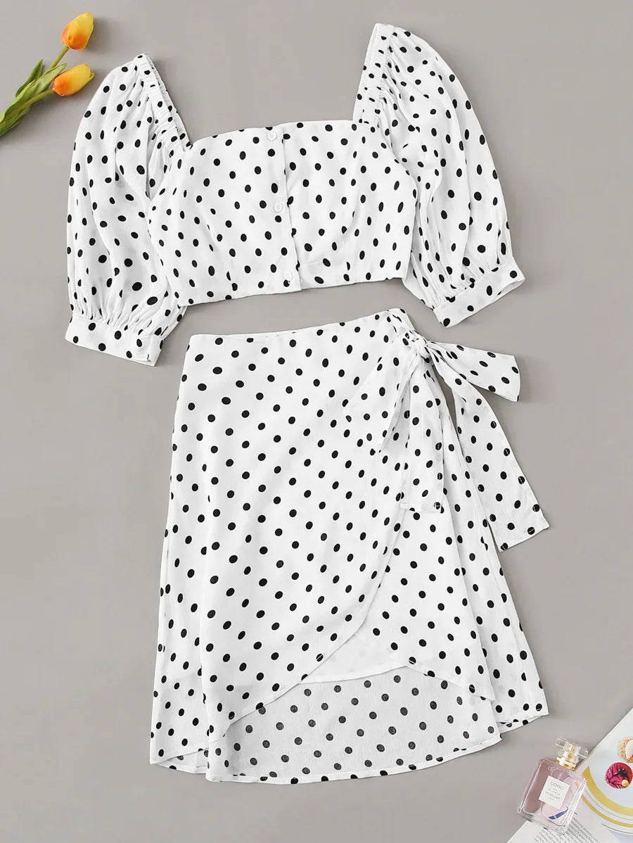 Buttoned Crop Polka Dot Top & Knot Overlap Skirt Set Periwinkley Shop