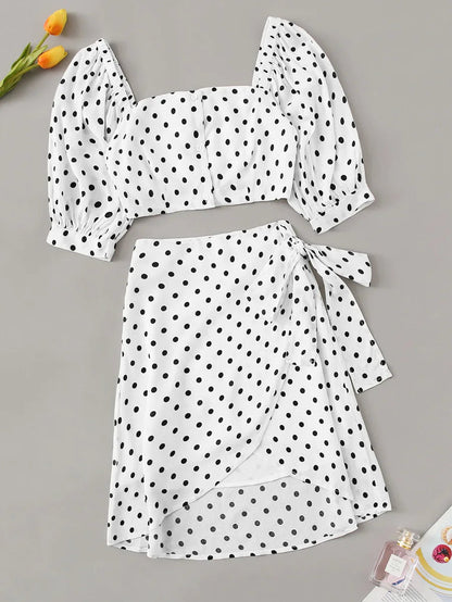 Buttoned Crop Polka Dot Top & Knot Overlap Skirt Set Periwinkley Shop