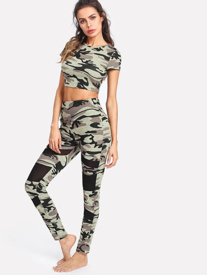 Camo Crop Top & Mesh Insert Leggings Set Periwinkley Shop