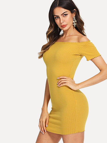 Lettuce Edge Detail Ribbed Bardot Dress Periwinkley Shop