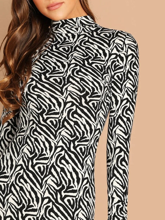 Mock-neck Zebra Print Bodycon Dress Periwinkley Shop
