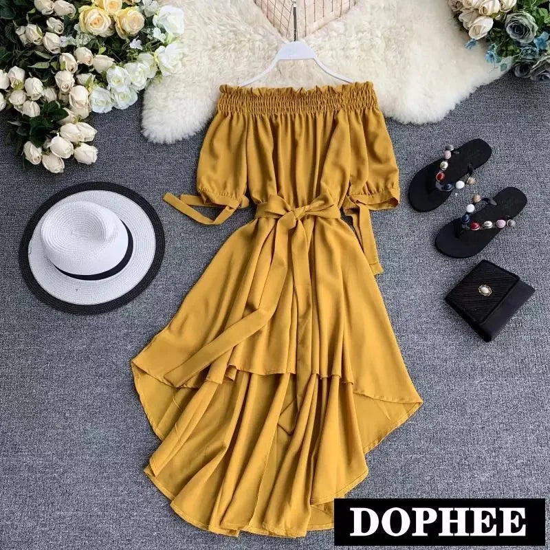 Slash Neck Puff Sleeve Bowknot Dress Periwinkley Shop