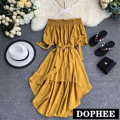 Slash Neck Puff Sleeve Bowknot Dress Periwinkley Shop