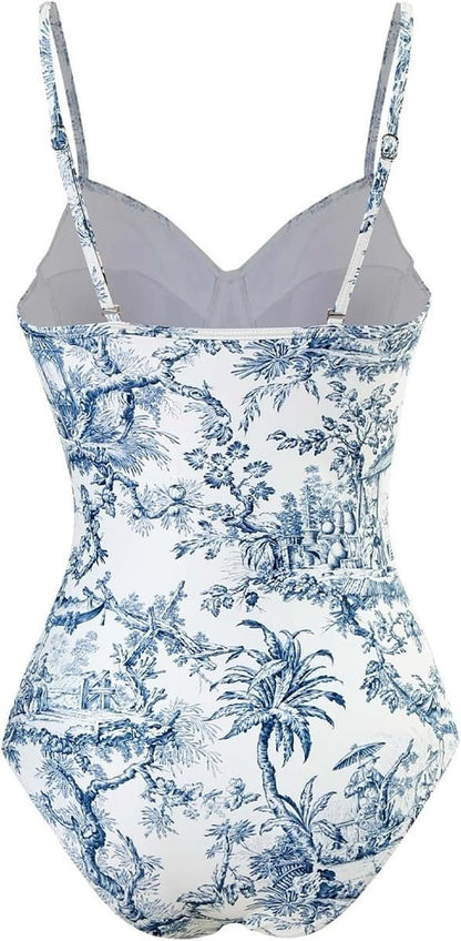 2 Piece Boho Vintage Print Halter Tummy Control Strappy Swimsuits with Bikini Maxi Wrap Skirt Periwinkley Shop