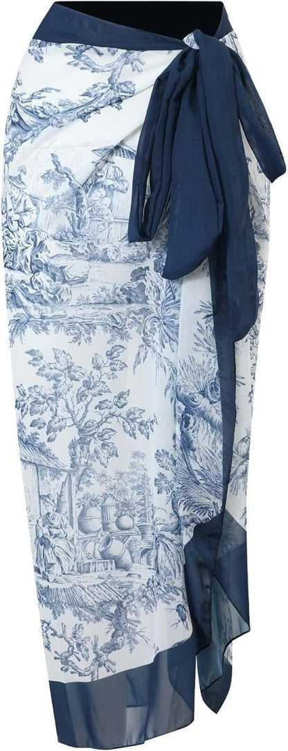 2 Piece Boho Vintage Print Halter Tummy Control Strappy Swimsuits with Bikini Maxi Wrap Skirt Periwinkley Shop