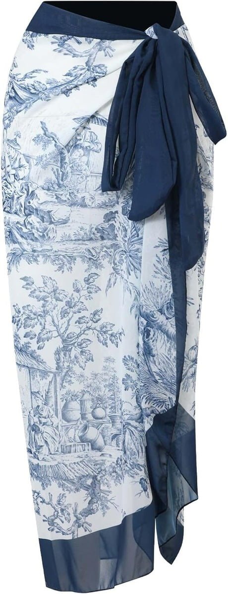 2 Piece Boho Vintage Print Halter Tummy Control Strappy Swimsuits with Bikini Maxi Wrap Skirt Periwinkley Shop