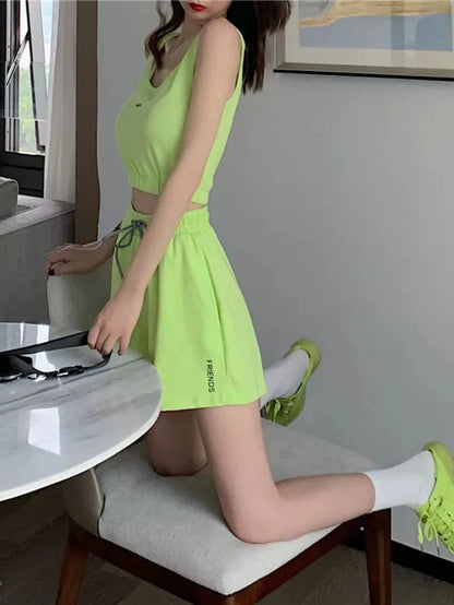 Two Piece Sets Fashion Sleeveless Vest + Elastic Waist Shorts Tracksuit Set Periwinkley Shop