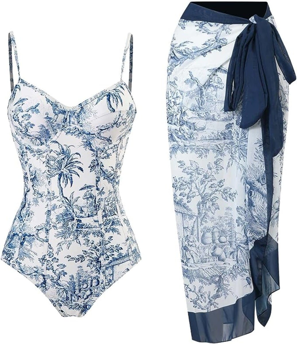 2 Piece Boho Vintage Print Halter Tummy Control Strappy Swimsuits with Bikini Maxi Wrap Skirt Periwinkley Shop