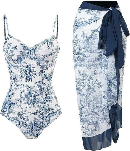 2 Piece Boho Vintage Print Halter Tummy Control Strappy Swimsuits with Bikini Maxi Wrap Skirt Periwinkley Shop
