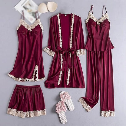 Emily Summer Pajama 5 Piece loungewear, Night suit Set -Burgundy