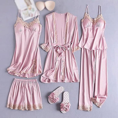 Emily Summer Pajama 5 Piece loungewear, Night suit Set -Pink