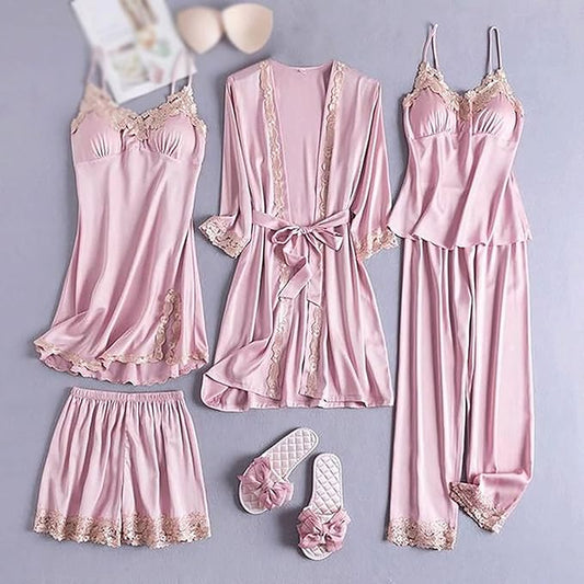Emily Summer Pajama 5 Piece loungewear, Night suit Set -Pink
