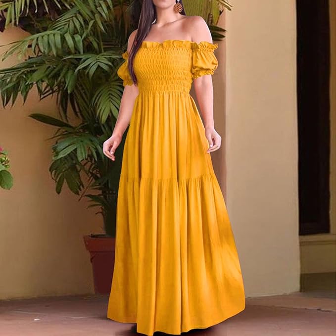 Yellow Off-Shoulder Smocked Maxi Dress with Puff Sleeves