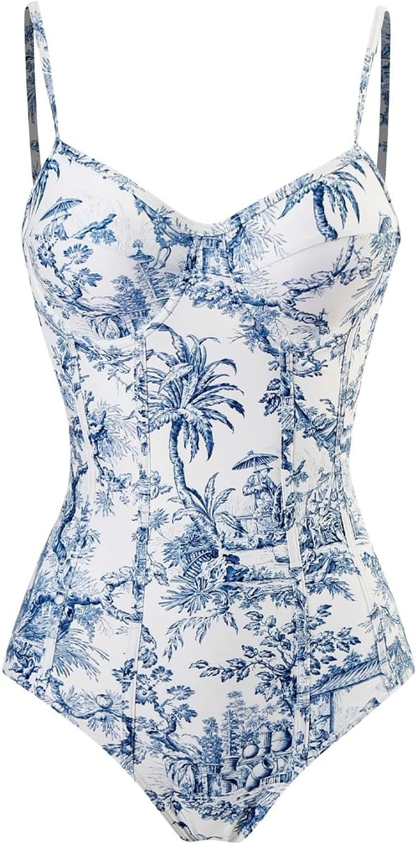2 Piece Boho Vintage Print Halter Tummy Control Strappy Swimsuits with Bikini Maxi Wrap Skirt Periwinkley Shop