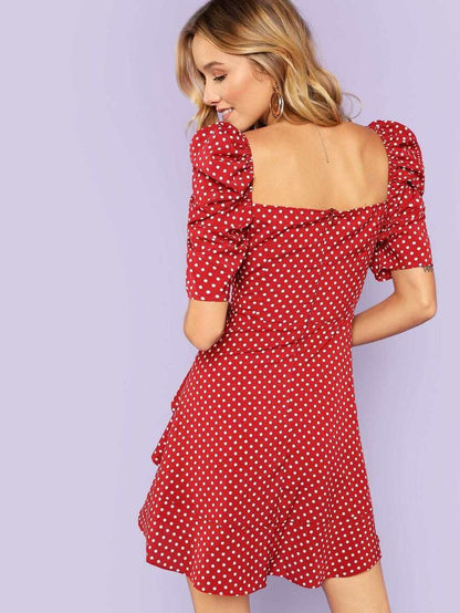 Polka Dot Puff Sleeve Surplice Wrap Dress Periwinkley Shop