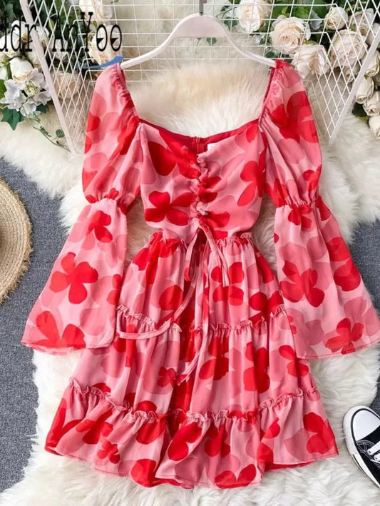 Flared Sleeves Red Printed Elegant Short Hollow out Cute Dress Periwinkley Shop
