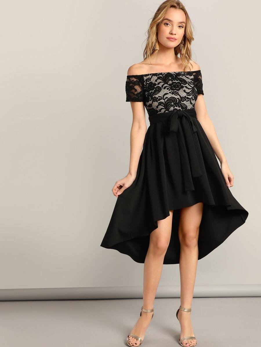 Off Shoulder Asymmetrical Hem Lace Belted Dress Periwinkley Shop