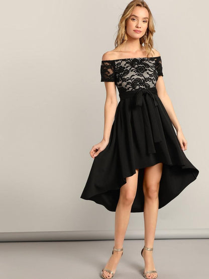 Off Shoulder Asymmetrical Hem Lace Belted Dress Periwinkley Shop
