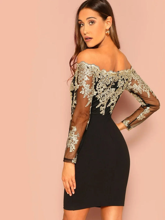 Embroidered Mesh Bodice Bardot Dress Periwinkley Shop
