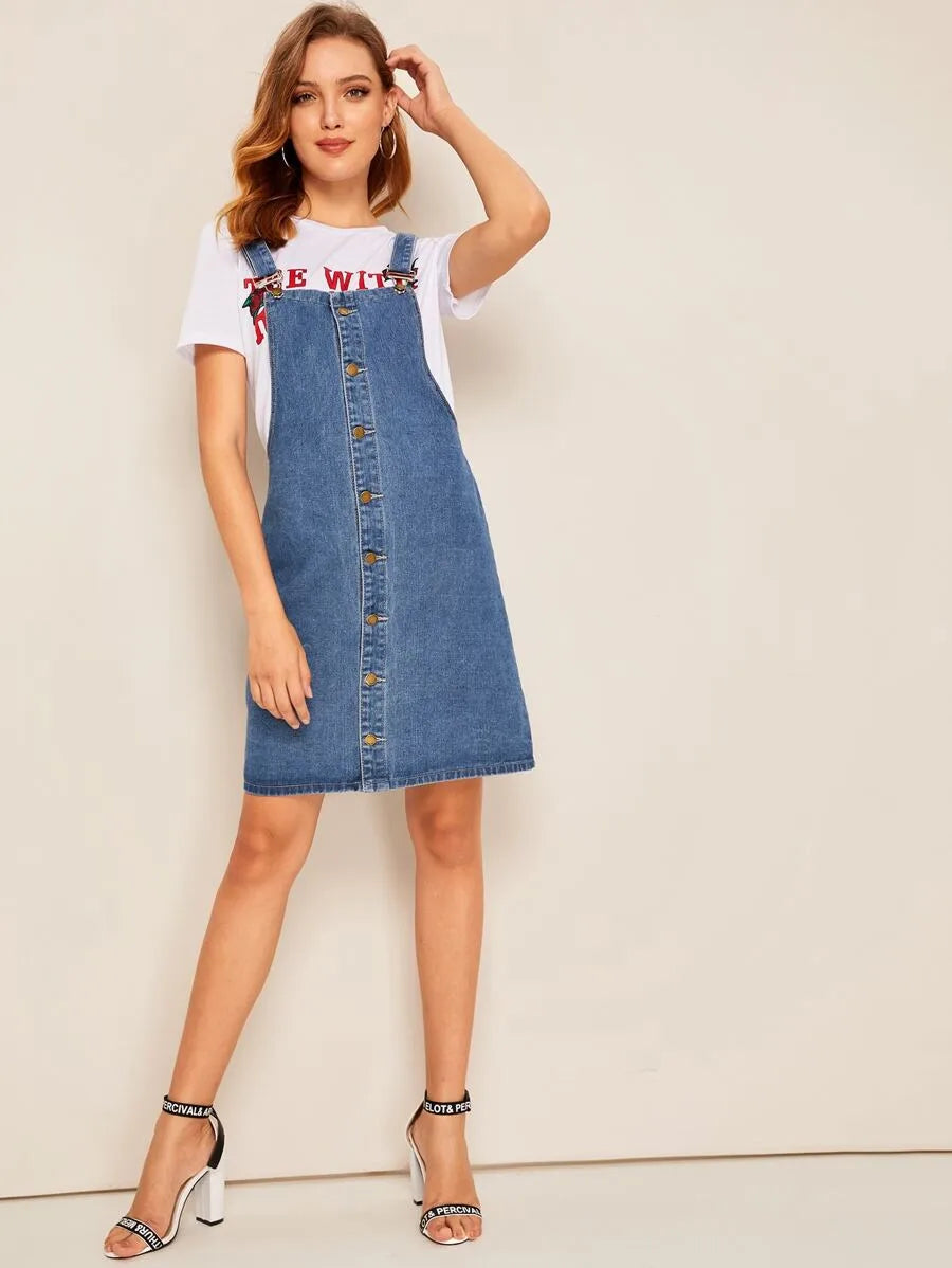 Button Up Thick Strap Y-Back Denim Dress Periwinkley Shop