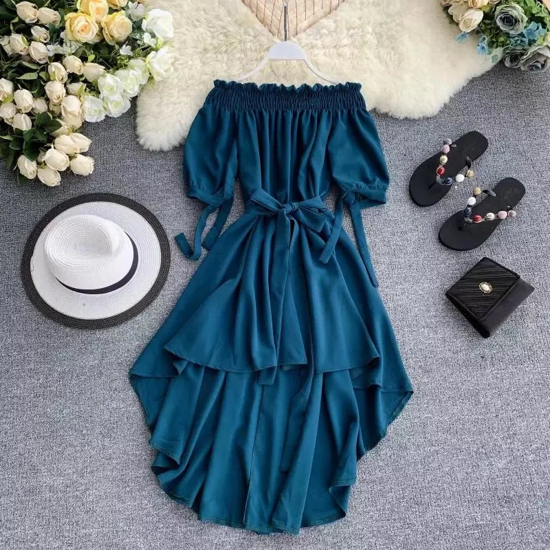 Slash Neck Puff Sleeve Bowknot Dress Periwinkley Shop
