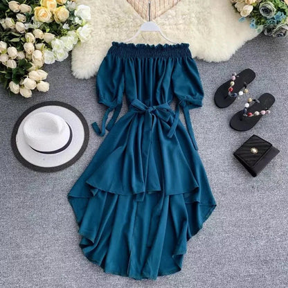 Slash Neck Puff Sleeve Bowknot Dress Periwinkley Shop