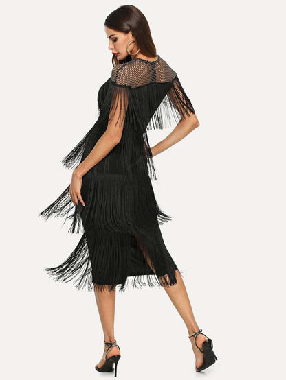 Fishnet Yoke Layered Fringe Dress Periwinkley Shop