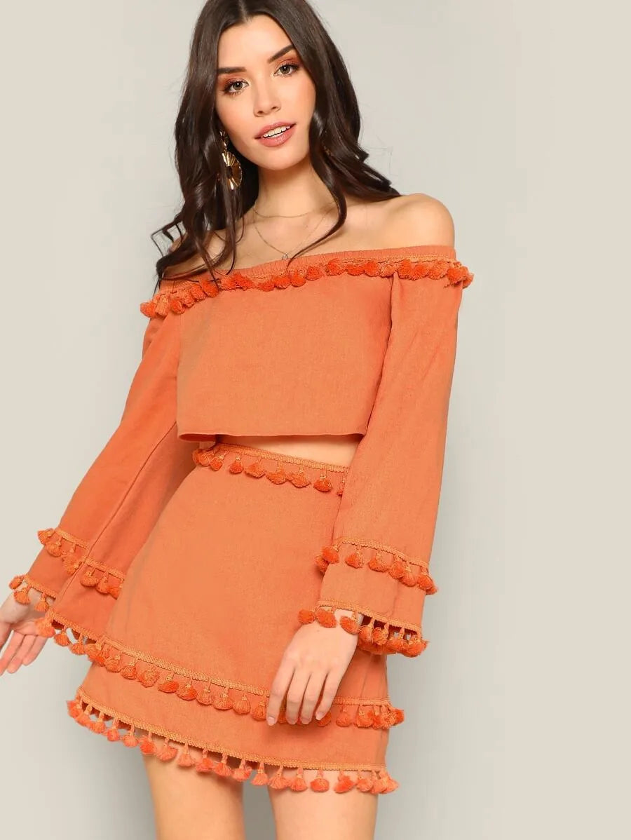 Off Shoulder Tassel Detail Top and Skirt Set Periwinkley Shop