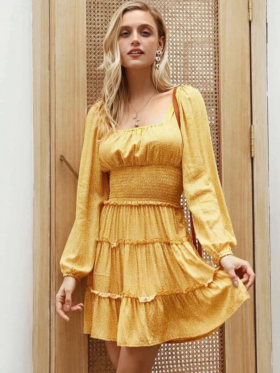 Simplee Dot Print Layered Frill Trim Shirred Dress Periwinkley Shop