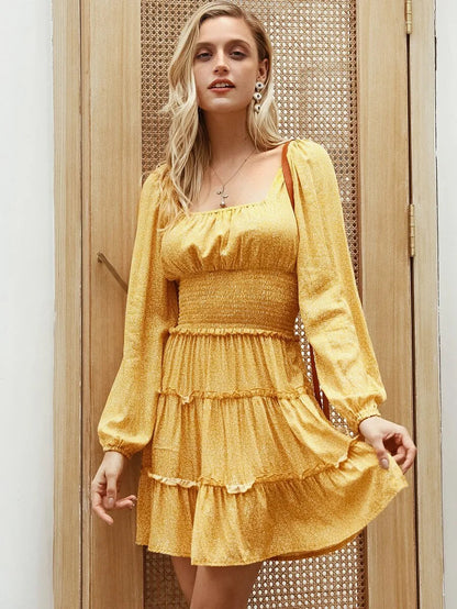 Simplee Dot Print Layered Frill Trim Shirred Dress Periwinkley Shop