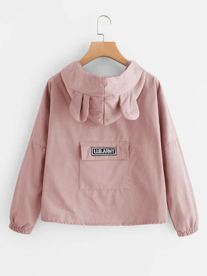 Drop Shoulder Bear Ear Hooded Jacket Periwinkley Shop