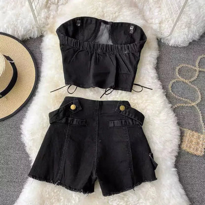 Two Piece Set Denim  Short Strapless Bra Top Retro Denim Shorts Periwinkley Shop