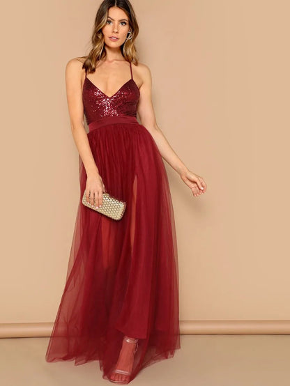 Sequin Top Tie Back Mesh Tulle Prom Dress Periwinkley Shop