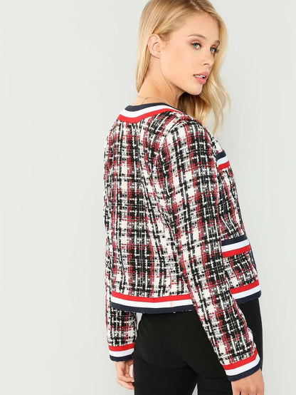 Contrast Tape Open Placket Tweed Coat Periwinkley Shop