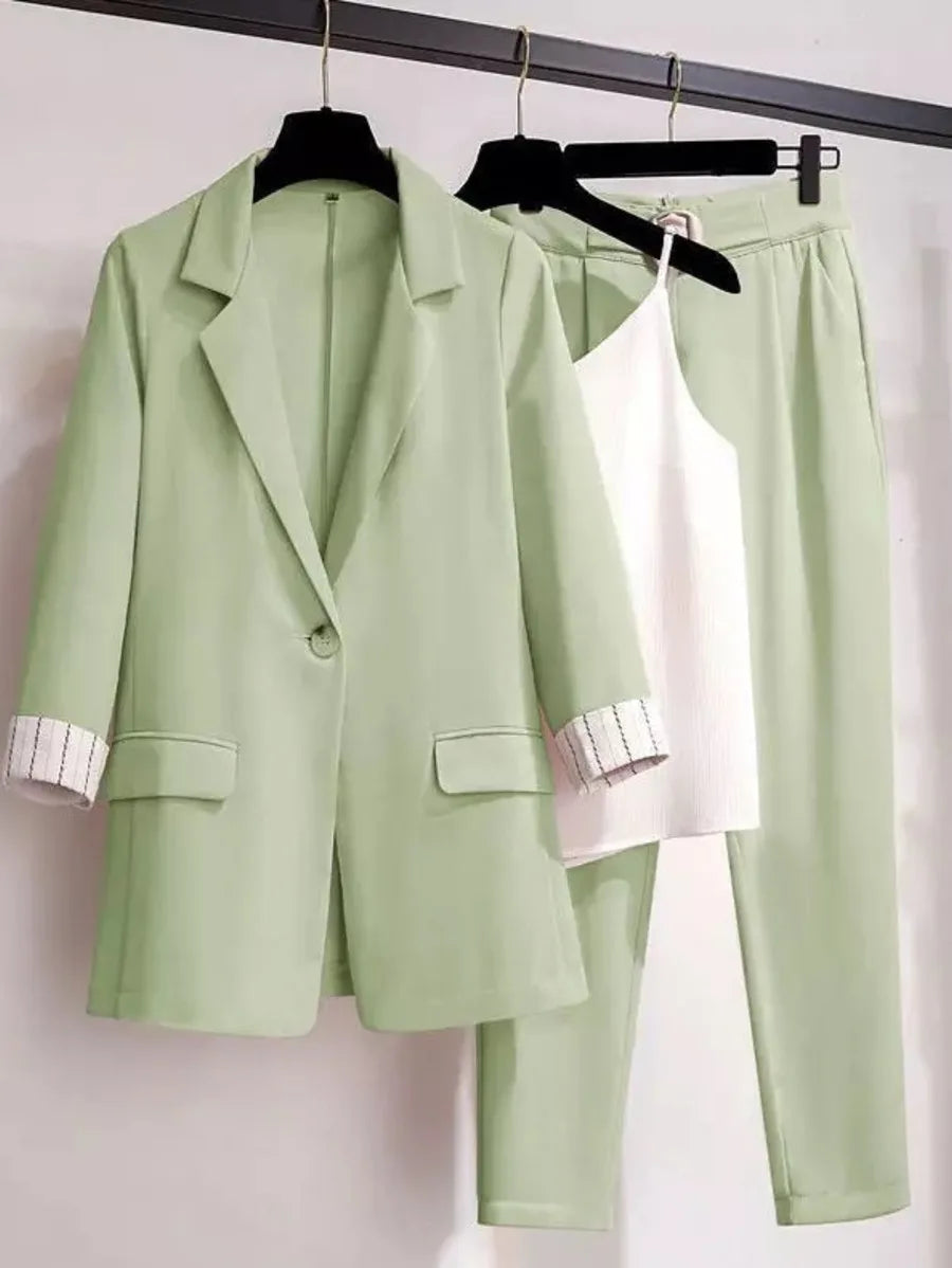 Three-piece Korean Elegant Top Blazers Coat Trousers Set Periwinkley Shop