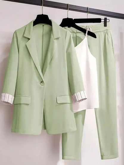 Three-piece Korean Elegant Top Blazers Coat Trousers Set Periwinkley Shop