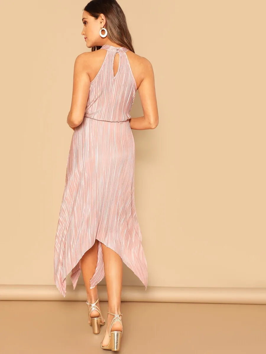 Hanky Hem Keyhole Back Pleated Halter One Piece Dress Periwinkley Shop