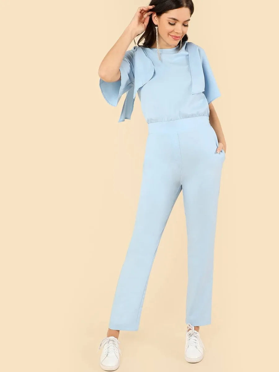 Tie Shoulder Elastic Waist Jumpsuit Periwinkley Shop