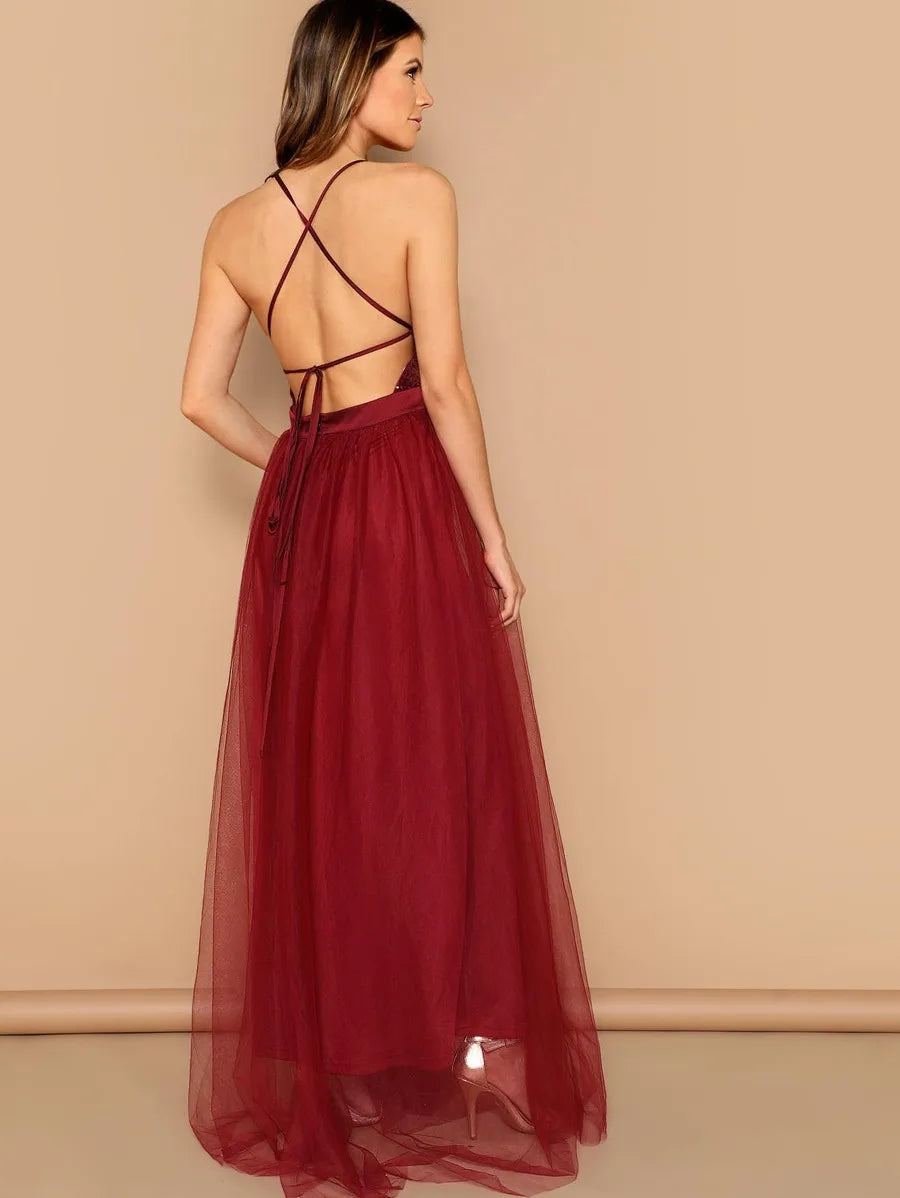 Sequin Top Tie Back Mesh Tulle Prom Dress Periwinkley Shop