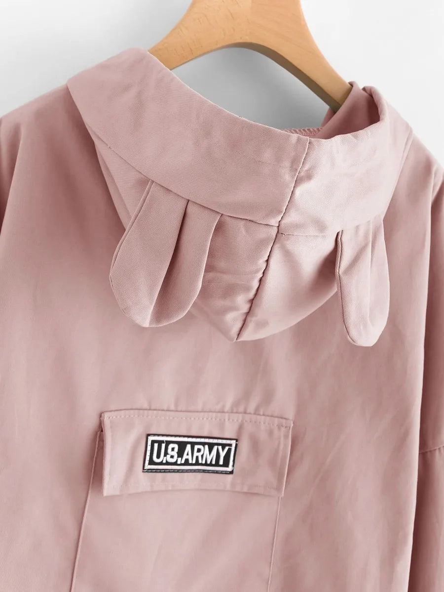Drop Shoulder Bear Ear Hooded Jacket Periwinkley Shop