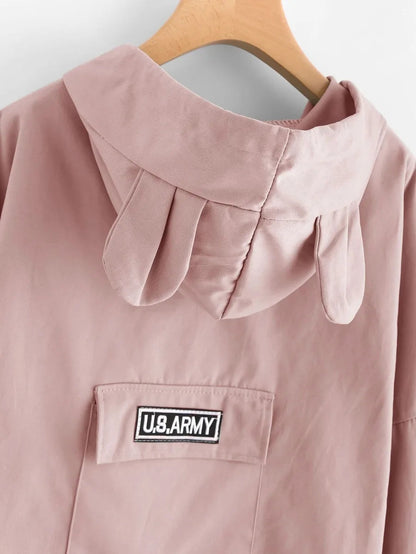 Drop Shoulder Bear Ear Hooded Jacket Periwinkley Shop