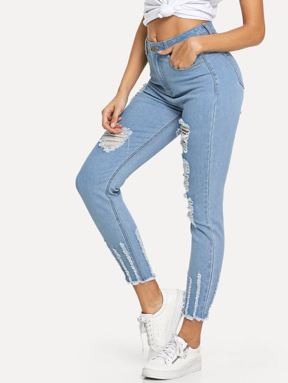 Distressed Raw Hem Jeans Periwinkley Shop