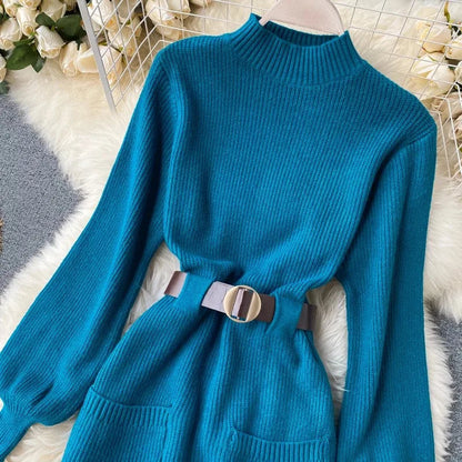 Guilantu Knitting Spring Autumn Turtleneck Puff Sleeve dress - Blue Periwinkley Shop