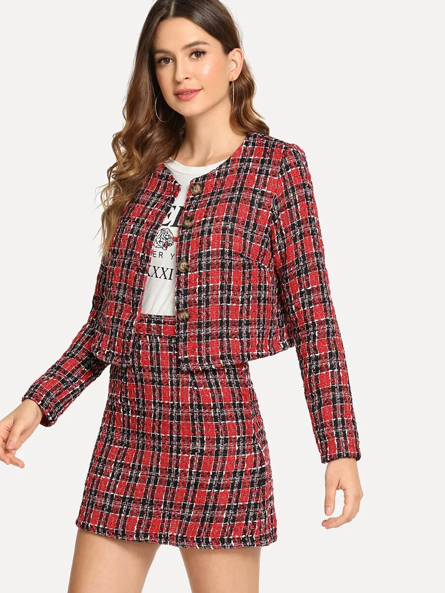 Button Up Plaid Tweed Coat and Skirt Co-ord Periwinkley Shop