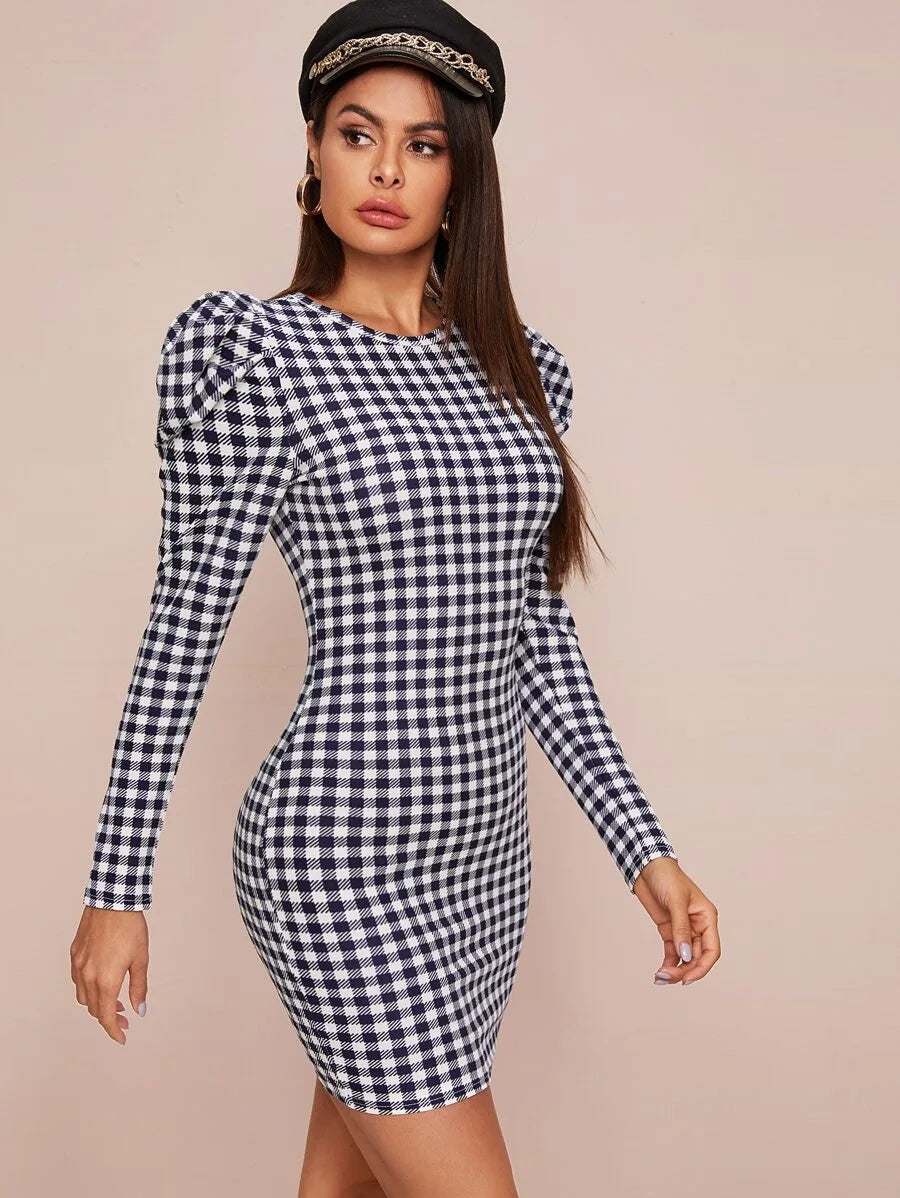 Gigot Sleeve Gingham Bodycon Dress Periwinkley Shop